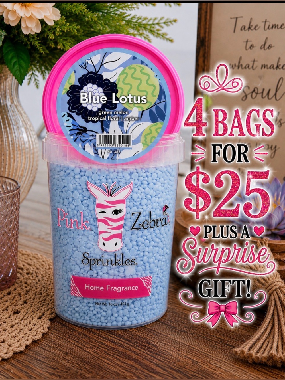 Pink Zebra Blue Lotus Soy Wax Melts 2oz Bag